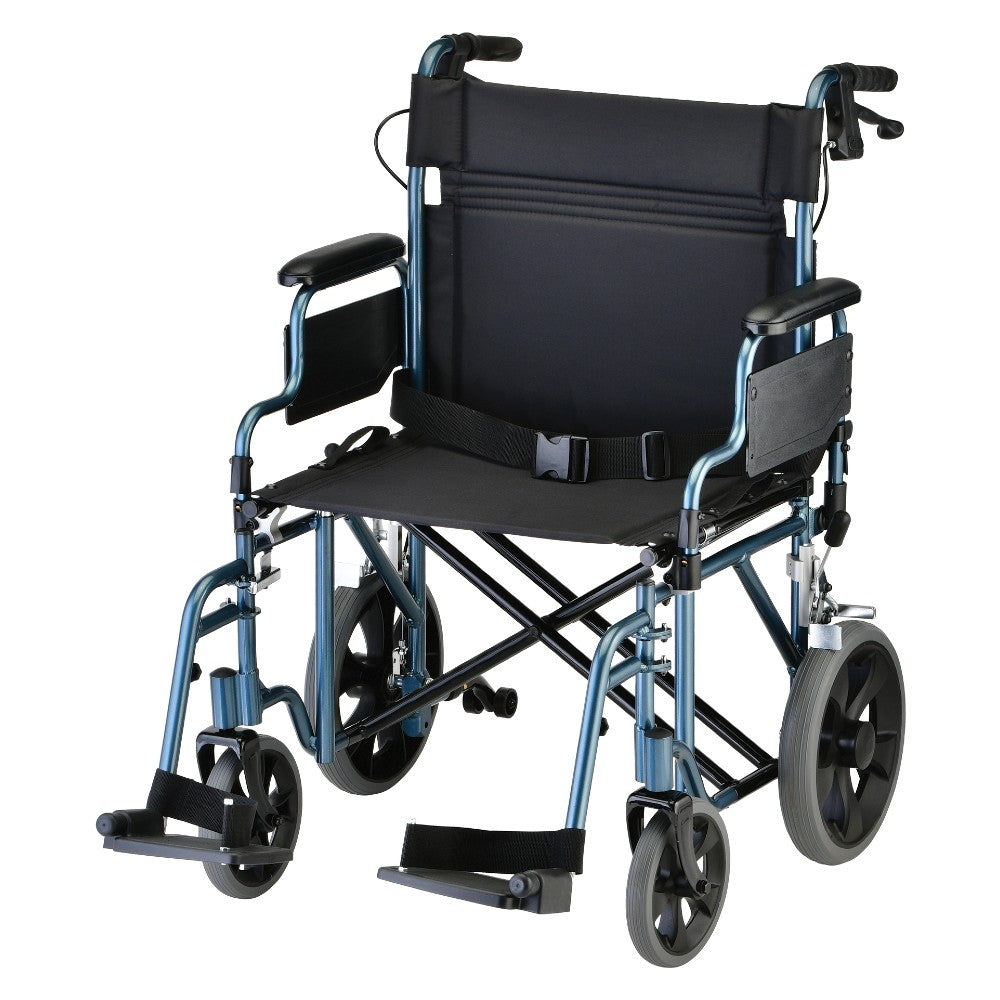 Heavy Duty Transport Chair with 12" Wheels, Hand Brakes, Removable Arms - 22" Extra Wide with Swing Away