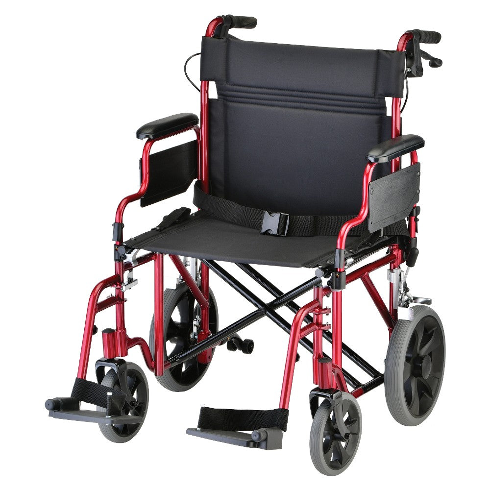 Heavy Duty Transport Chair with 12" Wheels, Hand Brakes, Removable Arms - 22" Extra Wide with Swing Away